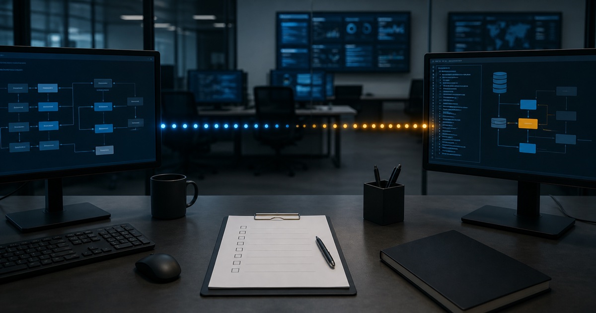 Dos estaciones de trabajo conectadas por una secuencia de luces azules y naranjas.