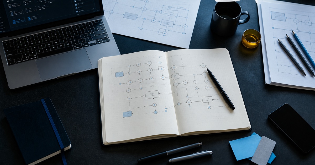 Mesa de trabajo con un plano abstracto de integración, una notebook y diagramas de nodos.