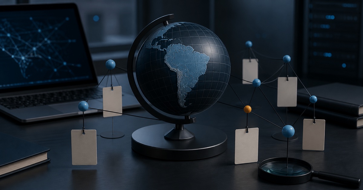 Globo oscuro centrado en Sudamérica conectado a nodos de dominio sin nombres reales.